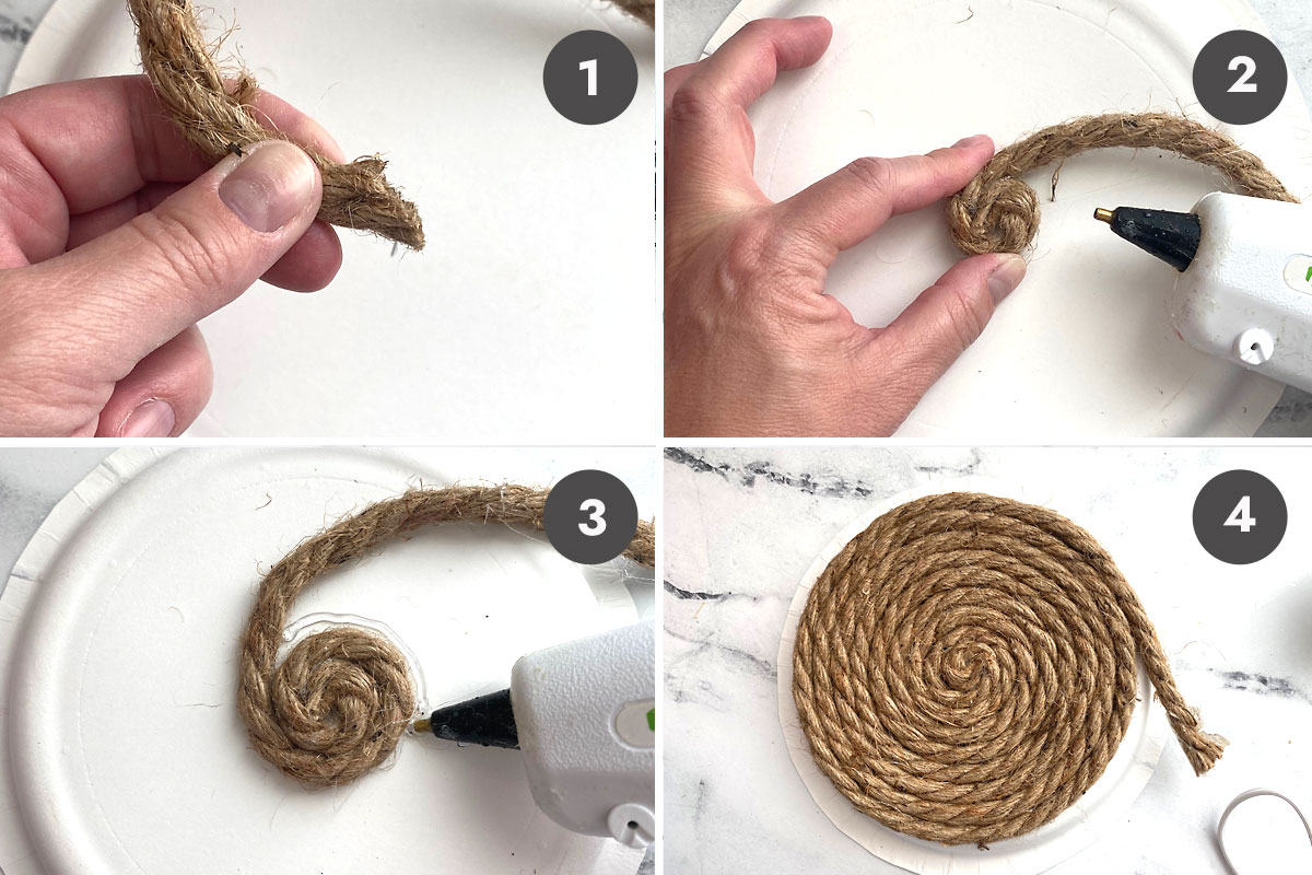 Gluing rope in a spiral shape to the paper plate.