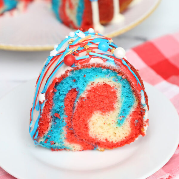Red, white and blue fireworks cake slice.