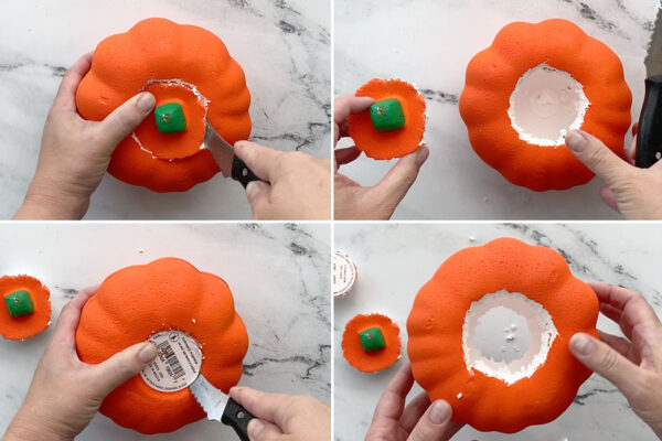 Cutting a circle out of the top and bottom of the foam pumpkin.