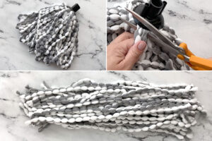 Cutting all the yarn off the mop head.