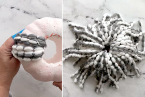Continuing to glue yarn all the way around the circle.