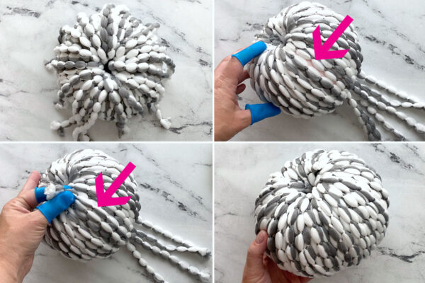 Gluing on more yarn to cover the bare spots.