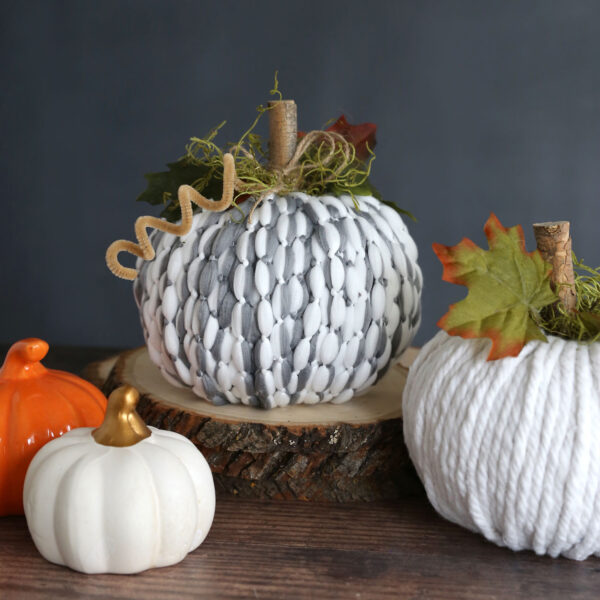 Yarn covered pumpkins.