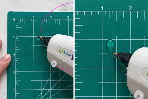 Squeezing out a dot of hot glue on one end of the fishing line; more hot glue to create ghost shape.