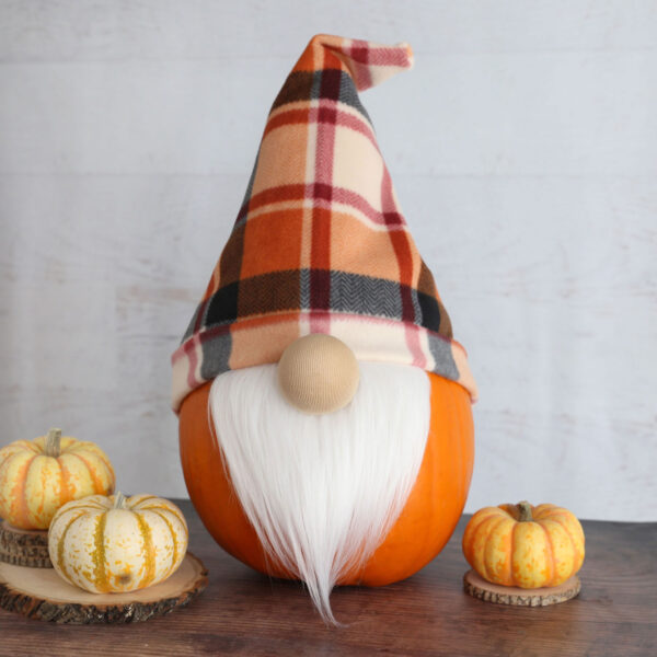Pumpkin decorated to look like a gnome.