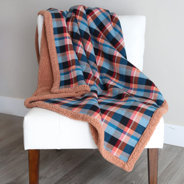 Flannel and sherpa blanket on a chair.