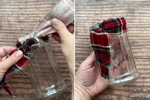 Tying the flannel strip around the top of the jar.