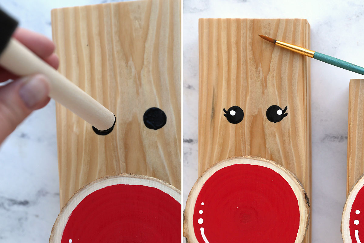Use end of foam paintbrush to stamp eyes; use end of small paintbrush to add white dots to eyes.