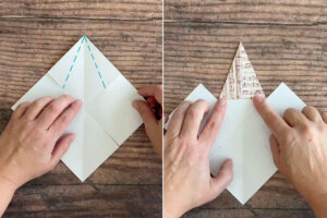 Folding the corner that was just cut to touch the diagonal fold line.