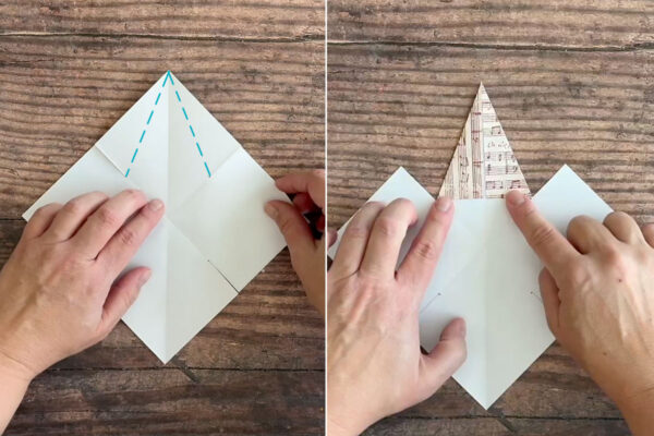Folding the corner that was just cut to touch the diagonal fold line.
