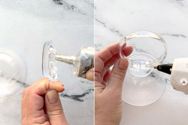 Gluing a shower curtain ring on top of a small plastic bowl.