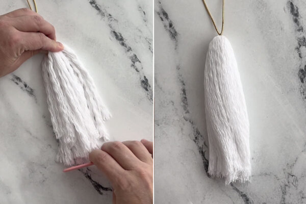 Combing out the white cord to create a tassel.
