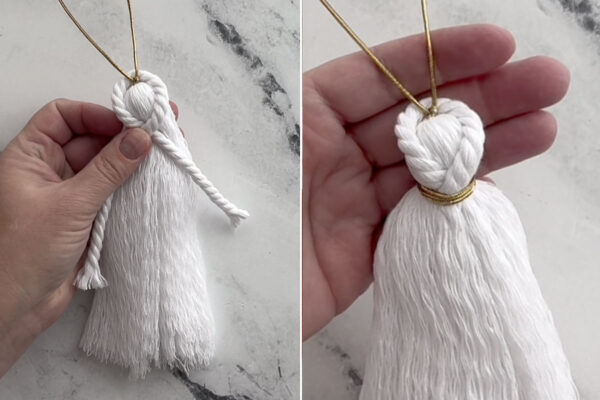 Wrapping one more piece of white cord around the tassel and tying with gold elastic cord.