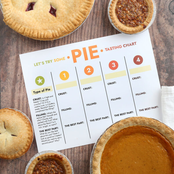 Pie tasting chart and various pies.