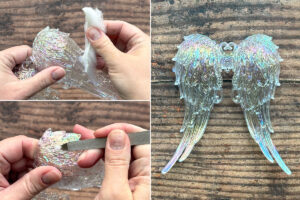 Removing fur from wing ornament.