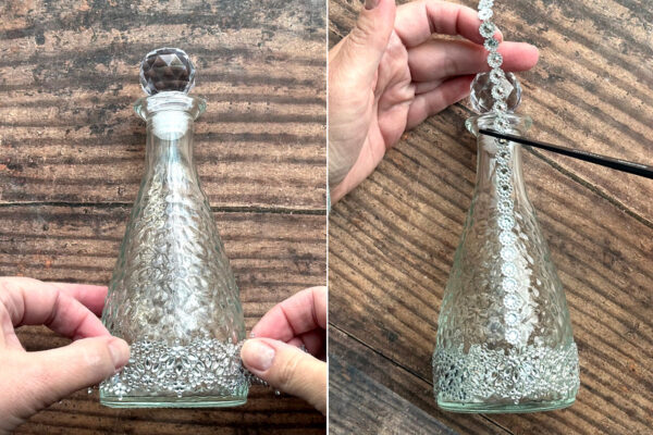 Applying gem stickers to bottle.
