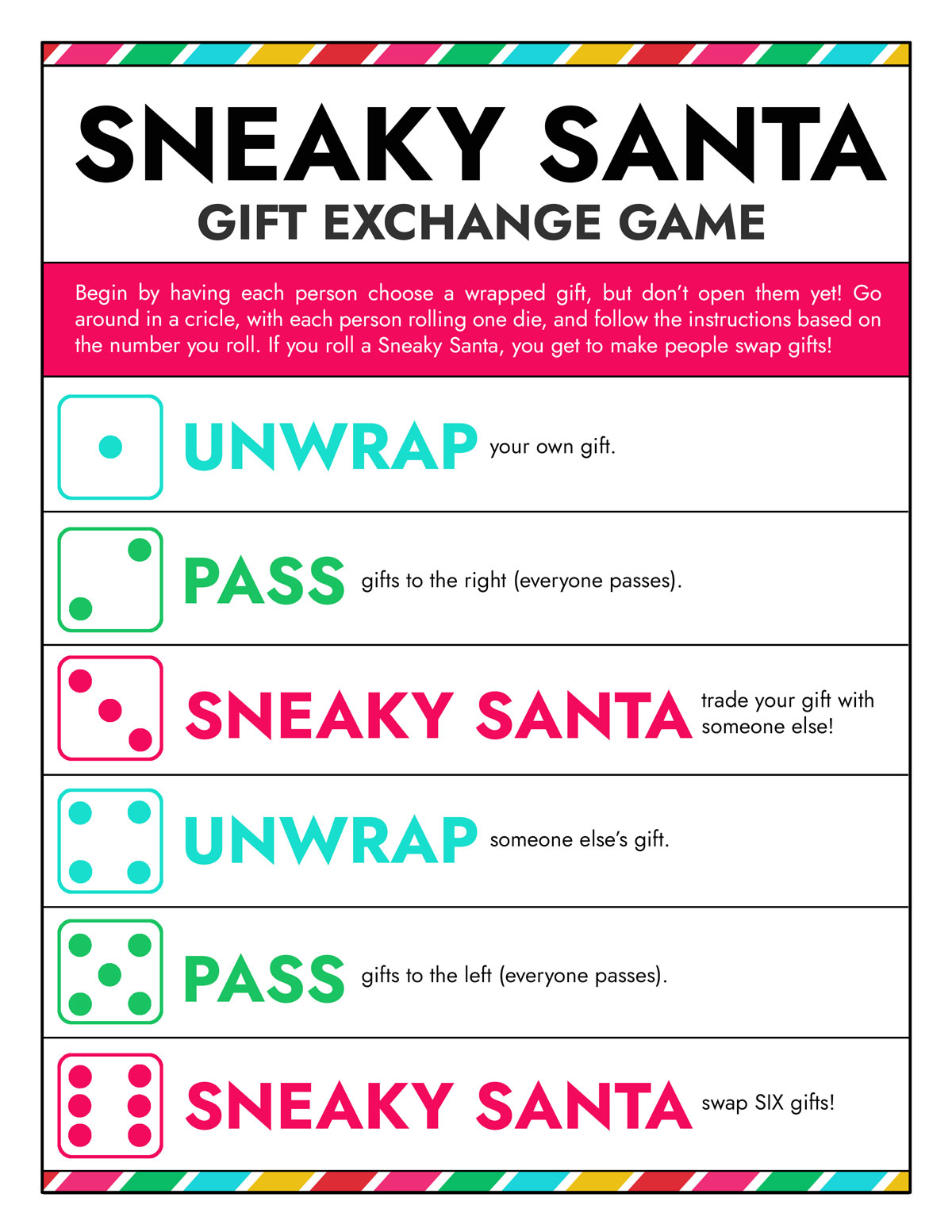 Sneaky Santa gift exchange game printable rules.