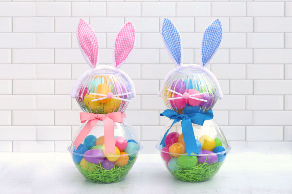 Bunnies made from plastic bowls and filled as Easter baskets.