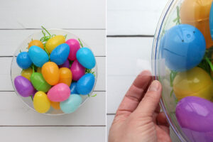 Plastic bowl filled with Easter grass and eggs; a second plastic bowl taped on top.