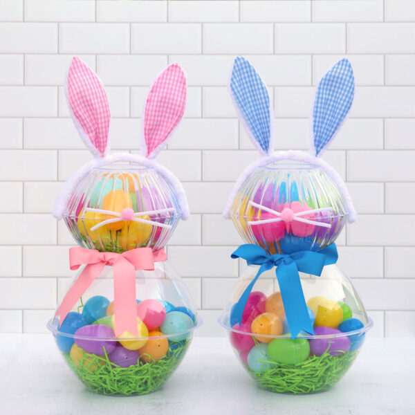 Bunnies made from plastic bowls and filled as Easter baskets.