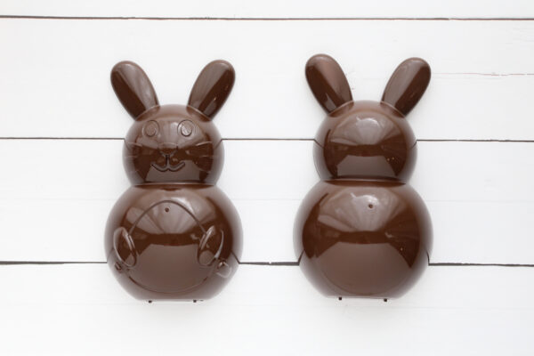 Front and back of plastic bunny spray painted brown.