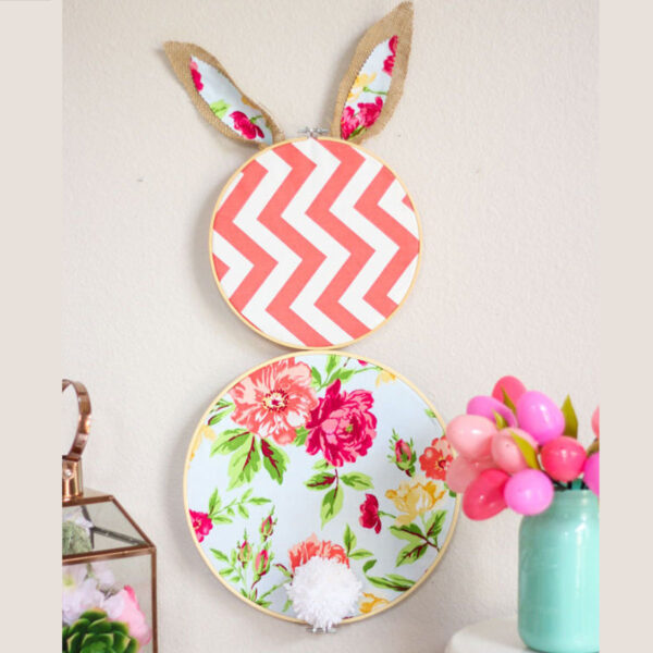 Bunny made from embroidery hoops.
