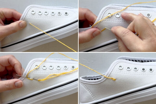 Embroidering a lazy daisy stitch to make a petal.