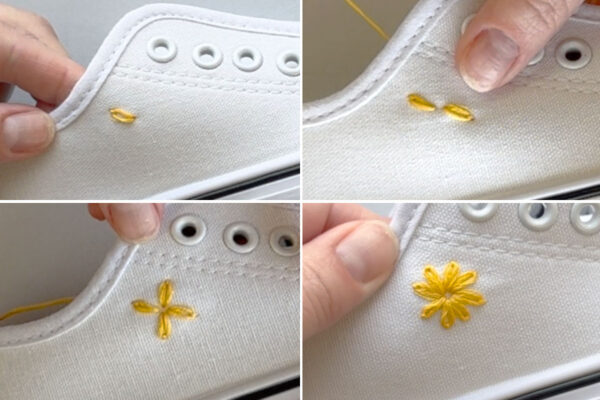 Embroidering eight petals to make a full flower.