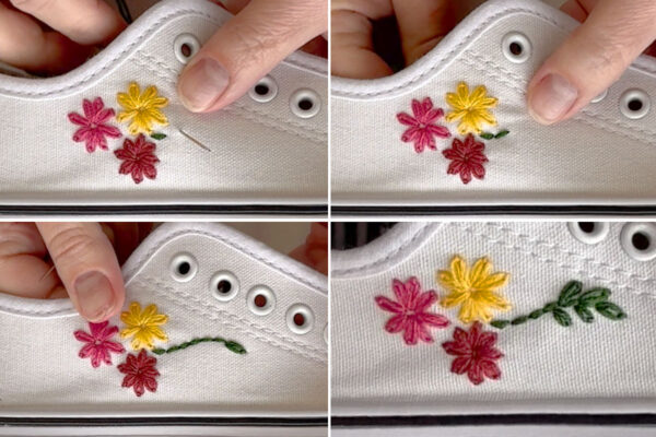 Embroidering a vine with leaves on the side of a shoe.