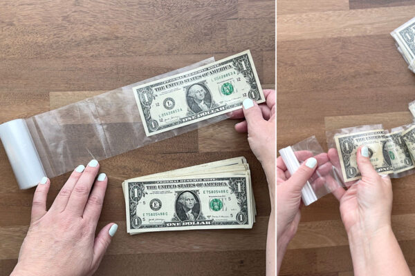 Putting dollar bills into the plastic sleeve.