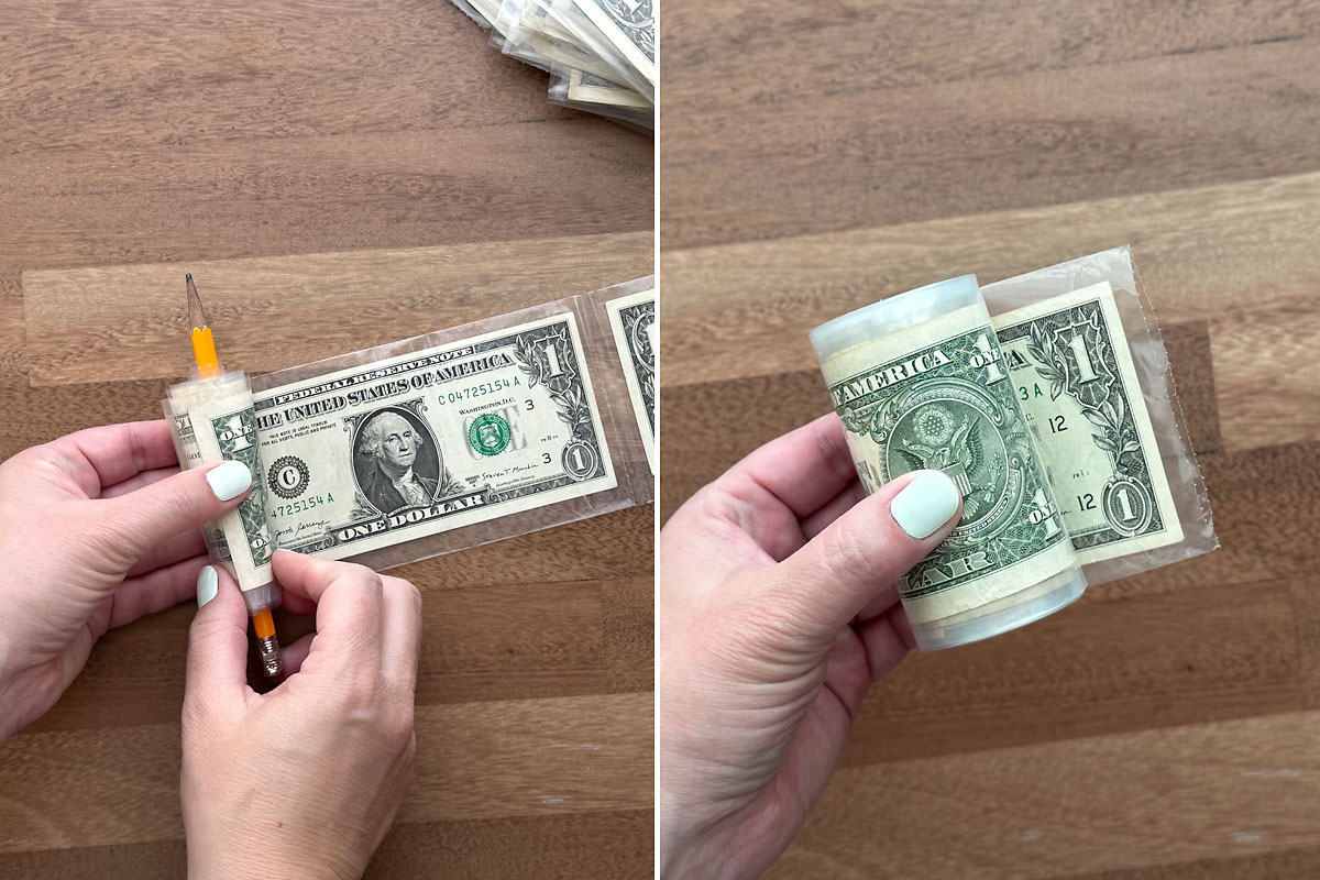 Rolling up the plastic sleeve.