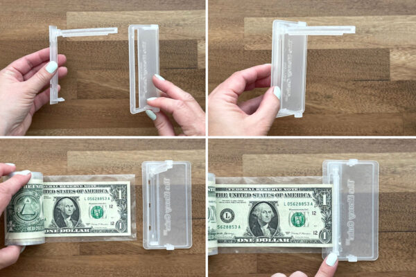 Assembling plastic sleeve of money into box.