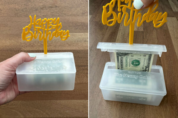 Topper inserted into hole on clip; testing money box.