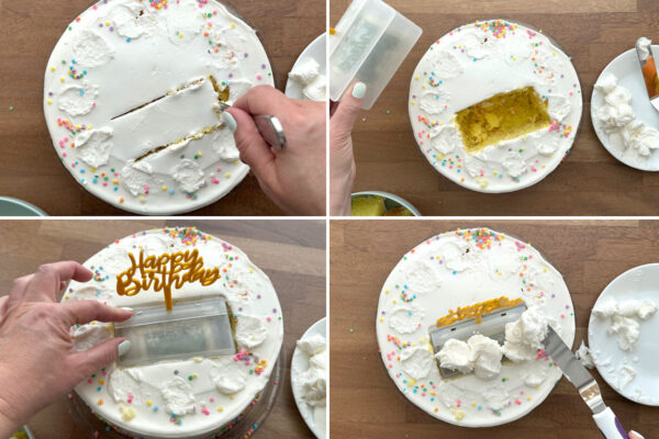 Cutting hole in cake; inserting money box; putting extra frosting over box.