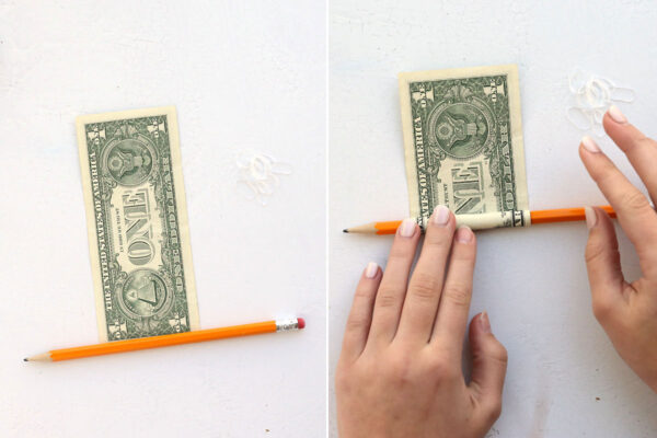 Rolling up a dollar bill around a pencil.