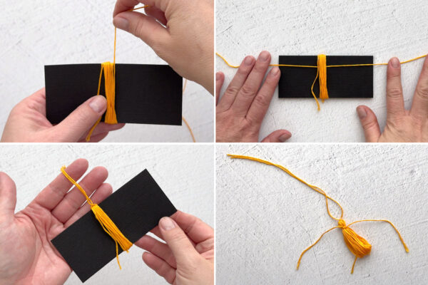 Wrapping embroidery floss around cardstock and tying to create a tassel.
