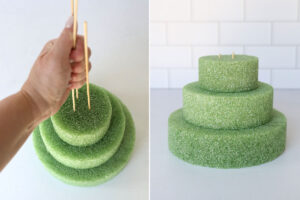 Three round styrofoam discs stacked on each other; skewers used to secure.