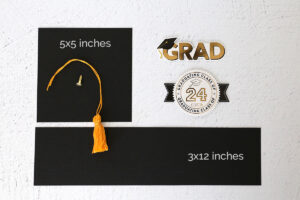 Black cardstock in 5x5 square and 3x12 rectangle, brad, tassel, graduation stickers.