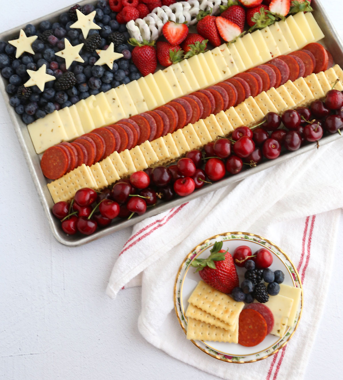 Plate of cheese, crackers, meat and fruit.