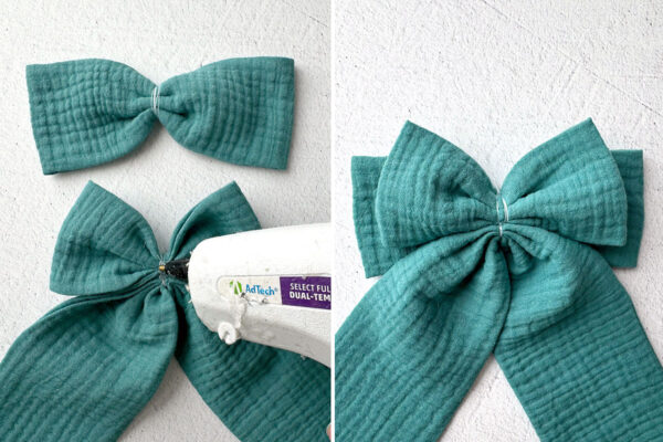 How gluing small bow and tail on top of large bow.