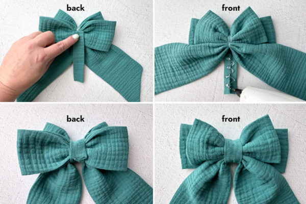 Hot gluing the knot piece around the center of the bow.