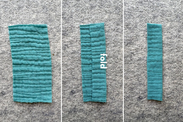 Small rectangle folded in thirds lengthwise and ironed.