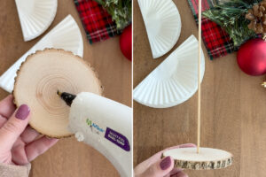 Gluing a skewer into a hole in the center of a wood round.