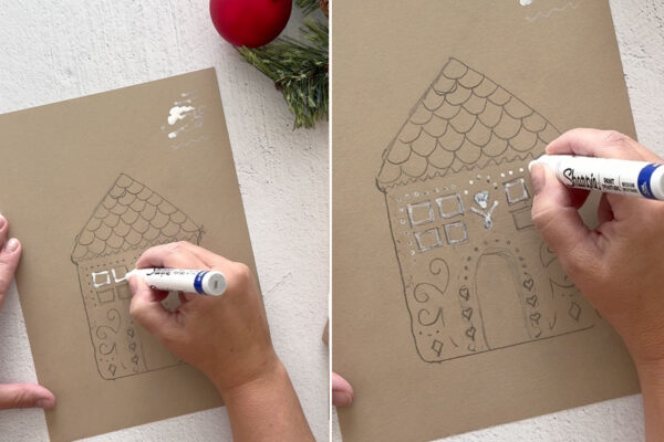 Practicing using paint pen on traced house.
