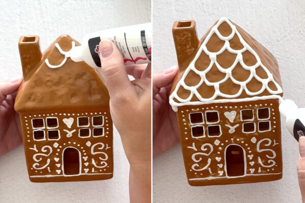 Using puffy paint to add patterns to the roof.