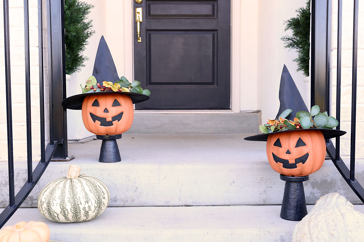 DIY plastic pumpkin makeover craft on a front porch.