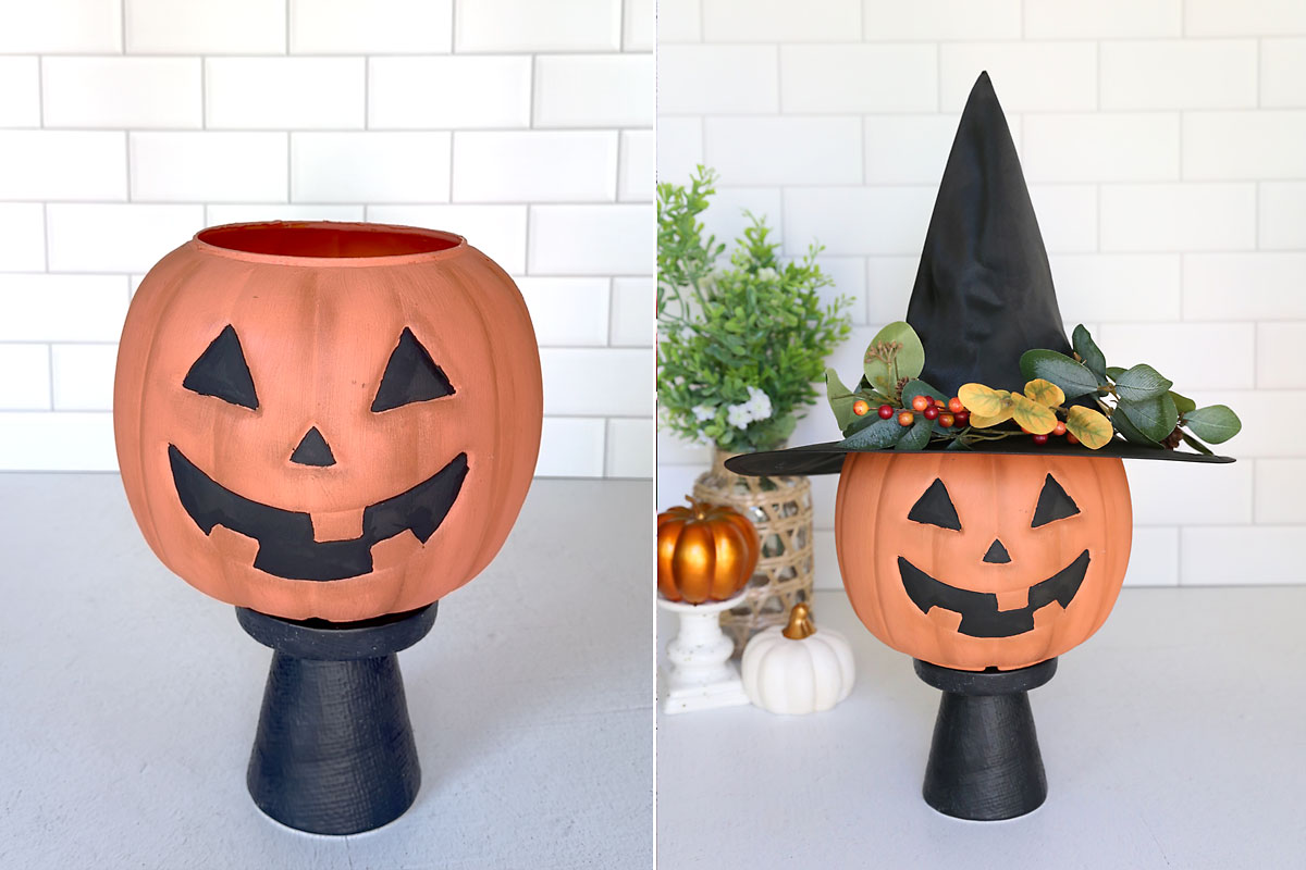 Pumpkin glued to a candle holder; witch hat glued on top of pumpkin.