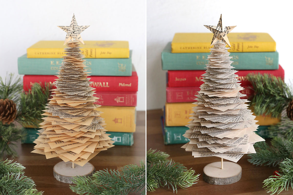 Book page Christmas trees, one with yellowed paper one with white paper.