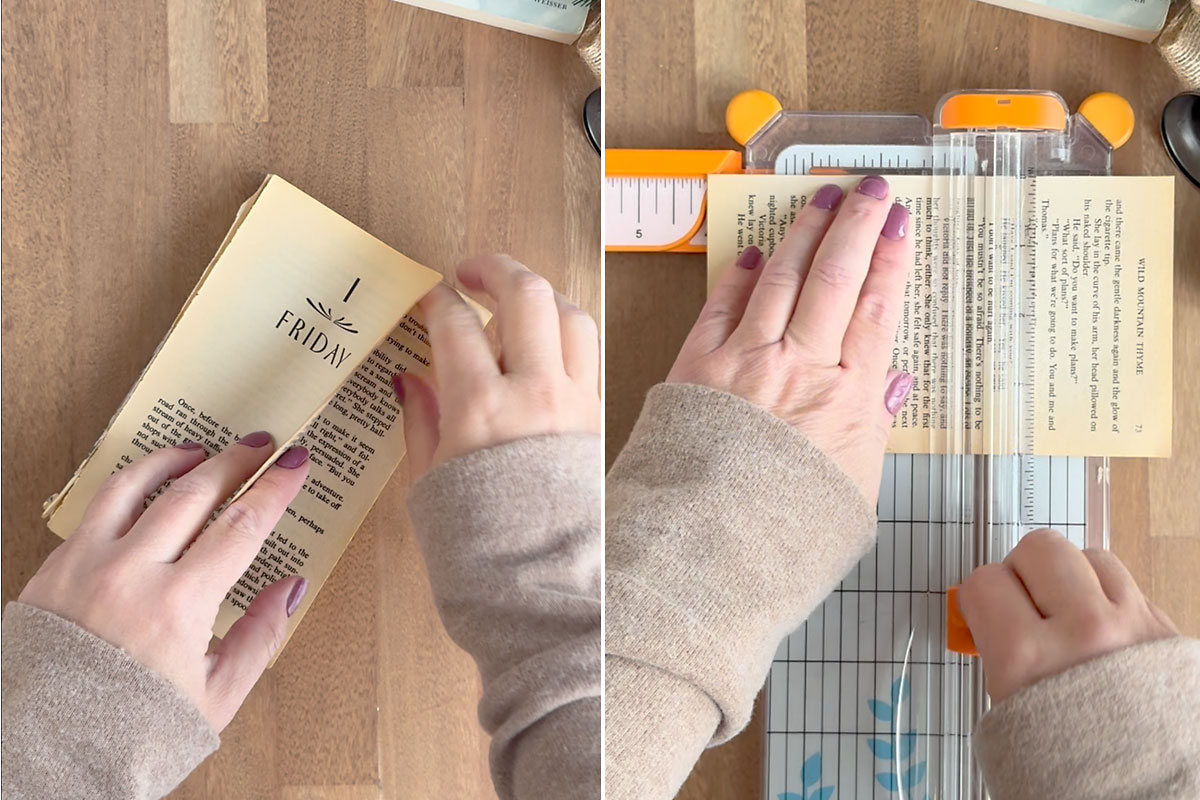 Cutting book pages into squares.