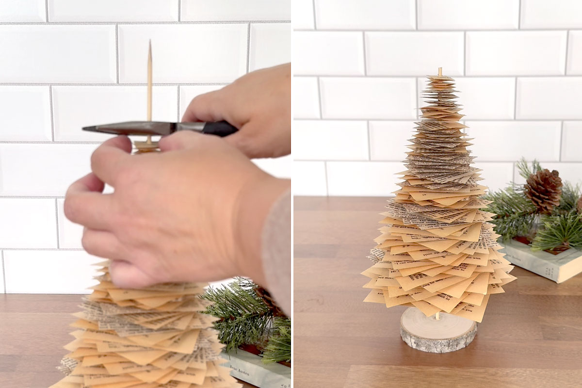 Snipping off excess skewer at top of tree.